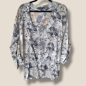 BCBGMaxAzria White and Black Rhinestone Sheer Scoop-Neck Blouse